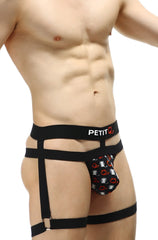 Black harness-style briefs with red and white cat face pattern on pouch and petitq brand name in white lettering