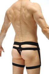 Back view of black PetitQ thong Maizey Millesime harness-style briefs with red and white graphic detailing