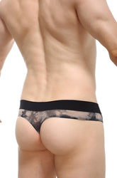 PetitQ thong mega bulge hourdel grey with black and gray tie-dye pattern and solid black waistband front view