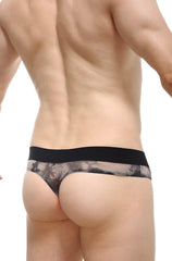 PetitQ thong mega bulge hourdel grey with black and gray tie-dye pattern and solid black waistband front view