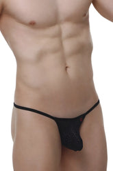 Black mesh thong with thin waistband and small red logo on side from petitq thong migny macra black collection