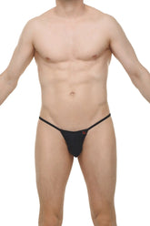 Black thong Migny plum with thin elastic waistband and small red logo on front in soft stretch fabric