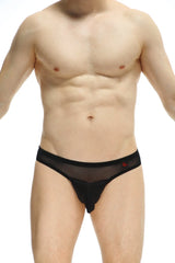 PetitQ thong Osseau black sheer mesh thong with solid waistband and small red logo on the side visible from back