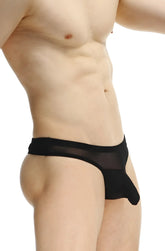 PetitQ thong Osseau black sheer mesh briefs with solid black waistband showing front view