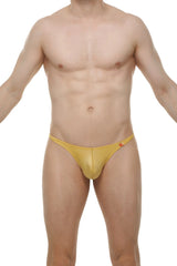 Yellow shiny form-fitting thong plellis joe gold with a small red logo on the side shown from the back side