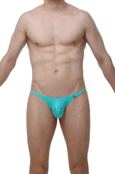 Turquoise shiny fabric briefs with small black logo by arthus and nico for men’s sexy underwear by petitq