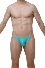 Turquoise shiny fabric briefs with small black logo by arthus and nico for men’s sexy underwear by petitq