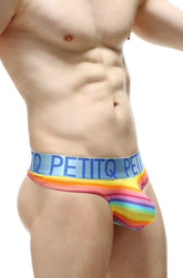 Rainbow-striped men’s briefs with blue petitq branded waistband from petitq thong protruder andiol collection