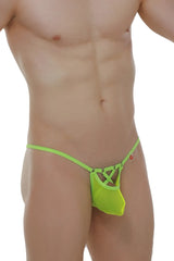 Bright neon yellow petitq thong made of mesh with crisscross design and small red logo on the side