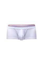 White petitq trunk algun briefs with red white and blue striped dentifo embossed waistband