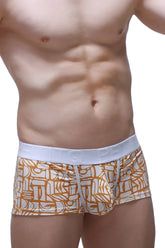 PetitQ trunk Carlot Alloy men’s briefs with orange and white pattern and solid white elastic waistband