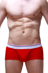 Red men’s modal briefs with white elastic waistband striped red and blue and petitto brand name petitq trunk taik modal red