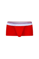 Petitq trunk taik modal red men’s briefs in red with a white waistband striped in red and blue and perino embossed in gray
