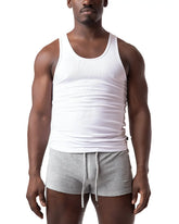 White ribbed cotton pig rib tank top with a classic scoop neckline for casual wear