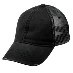 Black distressed denim pigment dyed washed cotton trucker cap with mesh back and frayed brim available in 3 colors