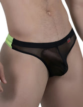Black pikante infinite duotone mesh thong underwear with neon green perforated waistband size s front view