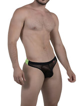 Black mesh thong underwear with neon green accent on waistband pikante infinite duotone mesh thong size s