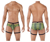 Pikante pik 0510 neon briefs featuring vibrant green and yellow snake-scale pattern with black elastic trim