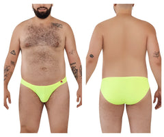 Bright neon yellow pikante piks 0977x angola bikini briefs with smooth stretchy fabric and red logo on left hip