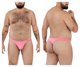 Bright pink form-fitting pikante angola thong with a small red logo on the left hipband showing the back side