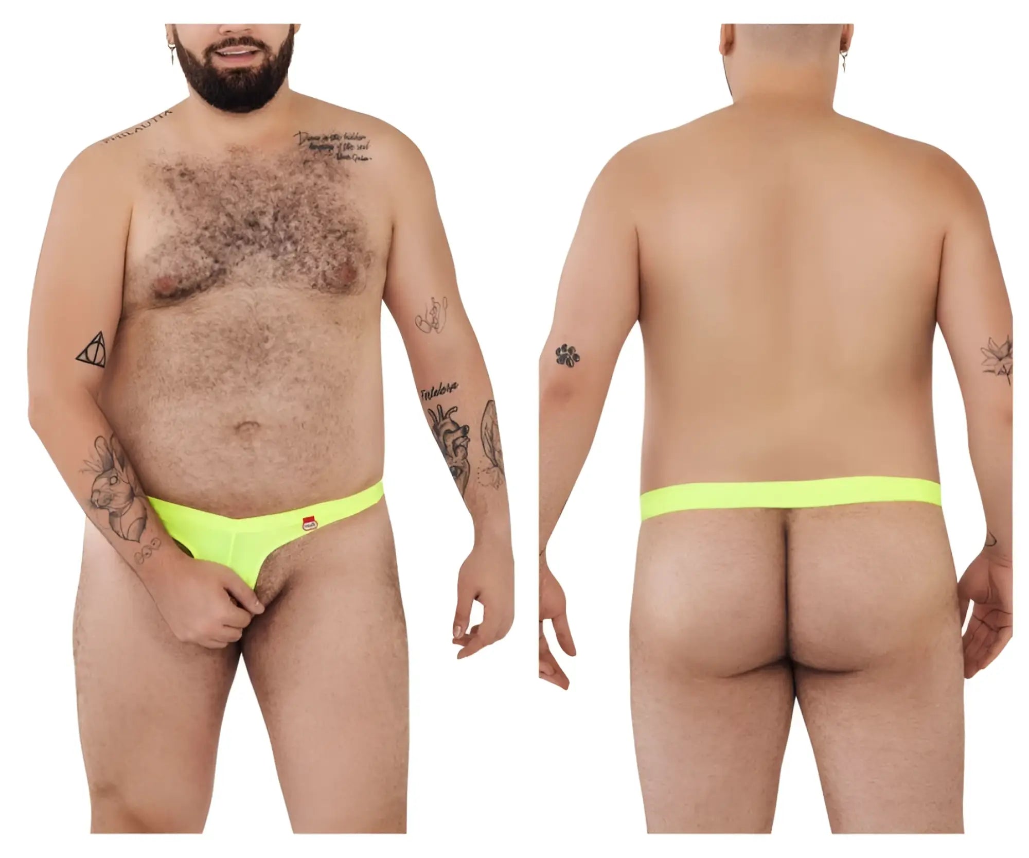 Bright neon green pikante angola ball lifter c-ring thong with small red and white logo on the front