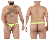 Bright neon green pikante angola ball lifter c-ring thong with small red and white logo on the front