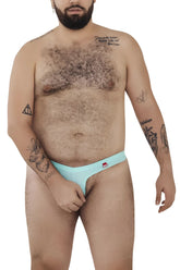 Light blue pikante men’s briefs with a red logo on the left hip featuring the angola ball lifter c-ring design