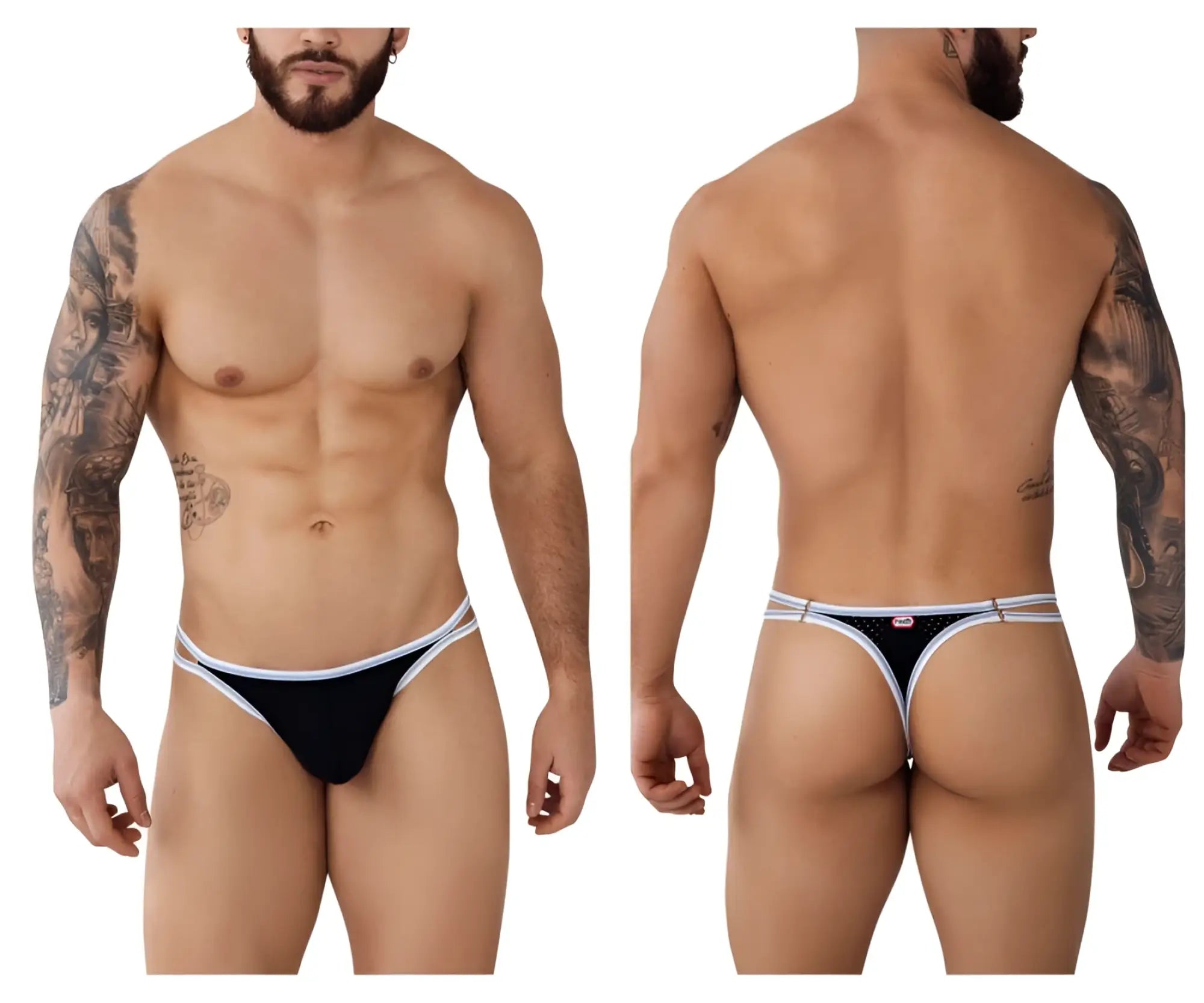 Black pikante pik 0983 novo thong with white trim and small logo on the backband shown from the back side