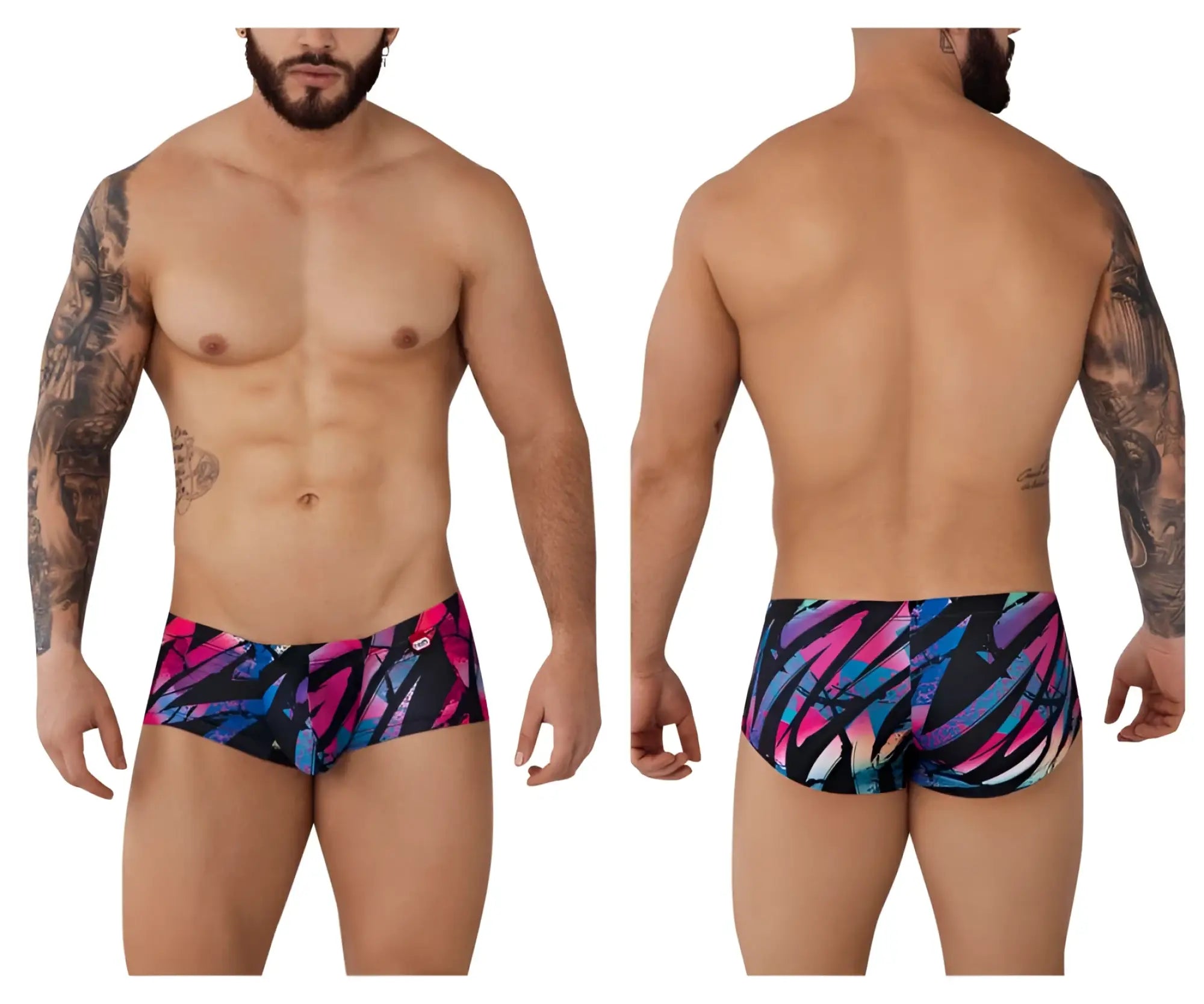 Pikante PIK 0988 Jartum trunks in black with vibrant abstract pink blue and purple pattern for swimwear