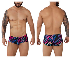 Pikante PIK 0988 Jartum trunks in black with vibrant abstract pink blue and purple pattern for swimwear