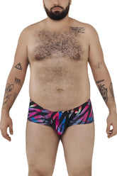 Pikante pik 0988x jartum swim trunks in black with vibrant multicolored bold feather pattern in pink blue and black