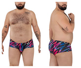Vibrant pikante PIK 0988X Jartum swim trunks in black with bold pink blue and black geometric pattern