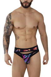 Pikante pik 0989 jartum briefs black with vibrant purple pink and blue geometric pattern on front