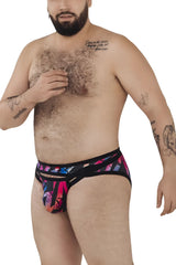 Black Pikante PIK 0989X Jartum briefs feature a vibrant abstract pink blue and purple pattern on black fabric
