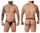 Black leather thong jockstrap with silver metal clasp and branding detail from pikante napoles collection