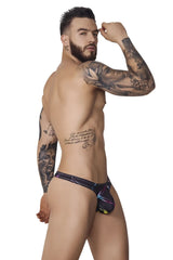 Pikante PIK 1077 Nucleus thongs in black with purple patterns and neon accents men’s brief underwear design