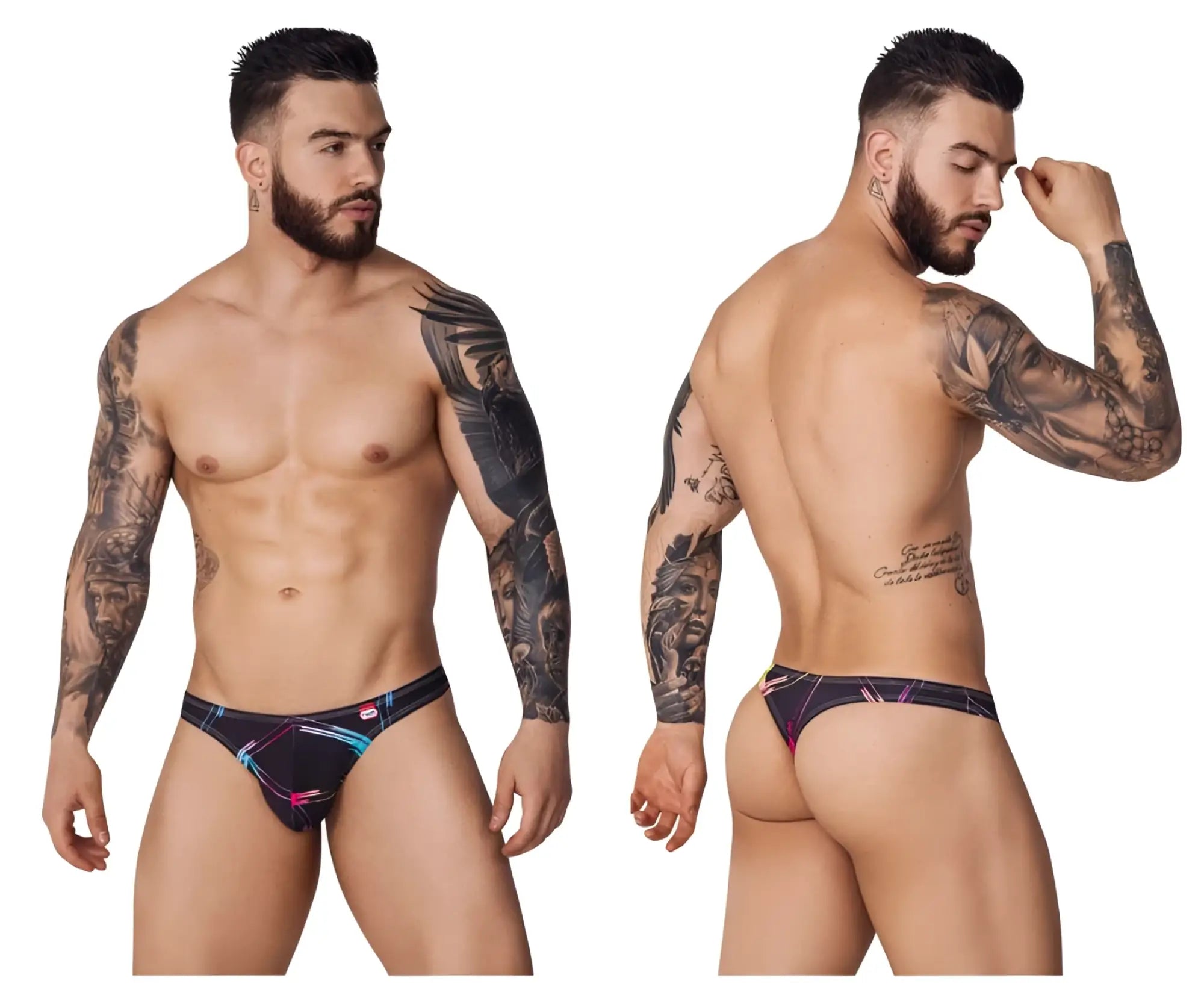 Black pikante pik 1077 nucleus briefs with vibrant pink blue and white geometric pattern for comfortable wear