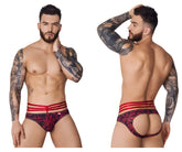 Red and black patterned pikante PIK 1080 fiery jockstrap briefs with three red stripes on the waistband