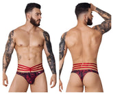 Red and black patterned men’s briefs with three horizontal red straps across the waist from pikante PIK 1081 fiery thongs