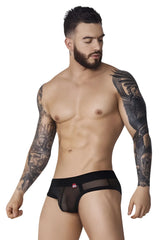 Black sheer mesh briefs with solid waistband and red logo on left side from pikante PIK 1091 Burly Mesh Briefs