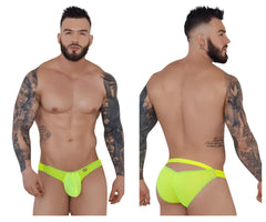 Bright neon green pikante pik 1283 bestival bikini men’s underwear with a distinctive cutout design front view
