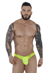 Bright neon yellow form-fitting thong with smooth stretchy fabric and small Pikante logo on the side