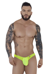 Bright neon yellow form-fitting thong with smooth stretchy fabric and small Pikante logo on the side
