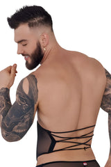 Black sheer mesh backless top with crisscross lace-up detailing from pikante PIK 1288 mutek corset color black