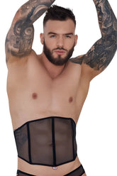 Black sheer mesh corset belt with black elastic trim and small red logo from pikante PIK 1288 Mutek corset color black