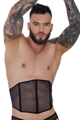 Black sheer mesh corset belt with black elastic trim and small red logo from pikante PIK 1288 Mutek corset color black