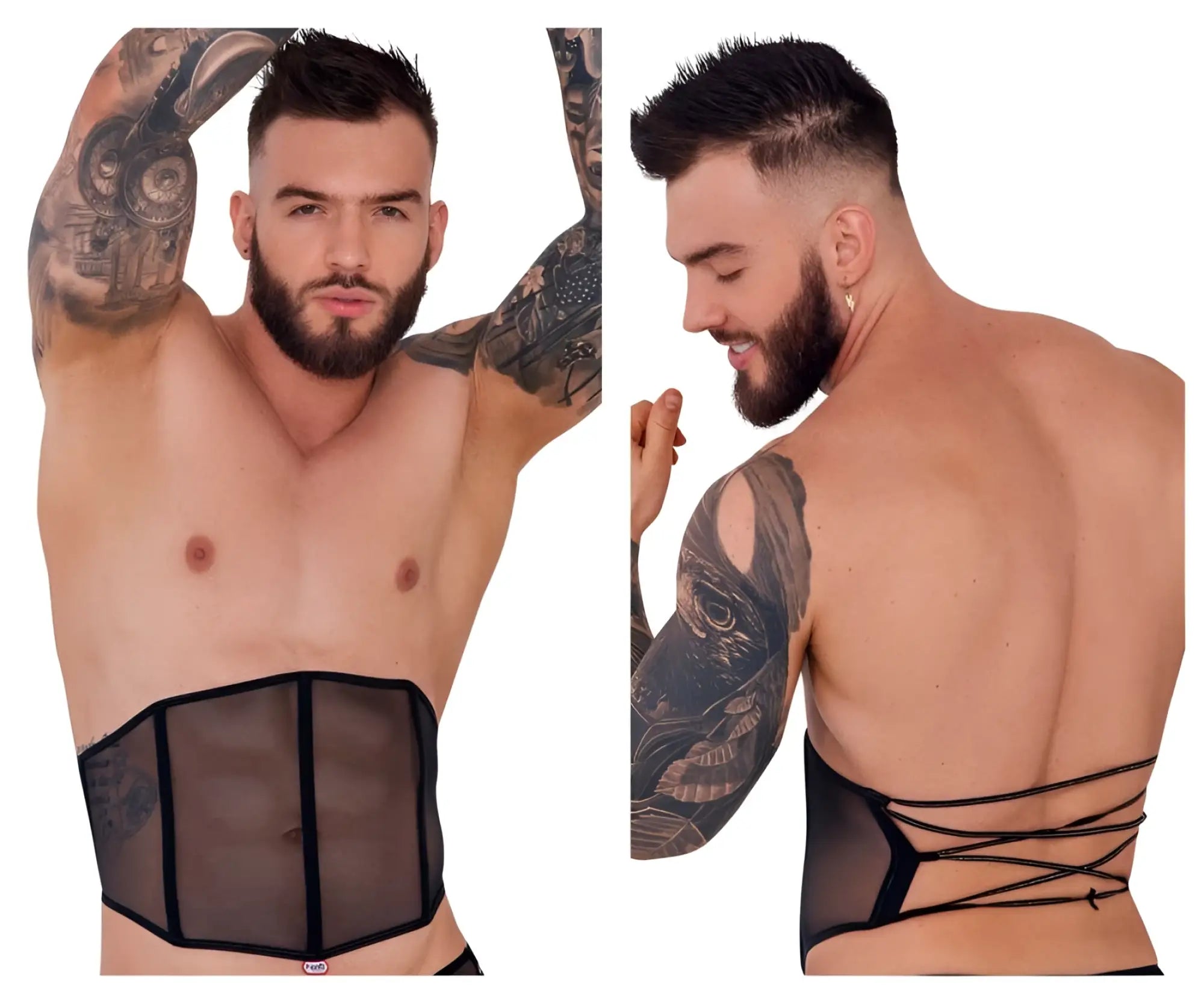 Black sheer mesh waist cincher with black elastic straps and lace-up back design by Pikante PIK 1288 Mutek corset