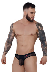 Black sheer mesh briefs with a solid front panel and red logo on waistband pikante pik 1289 itadaki briefs color black