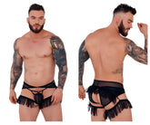Black lace-trimmed fringed men’s lingerie briefs with sheer mesh front and adjustable straps by pikante