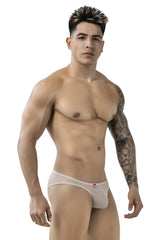 Beige pikante pik 1822 luxury briefs mesh fabric with small red logo on waistband front view